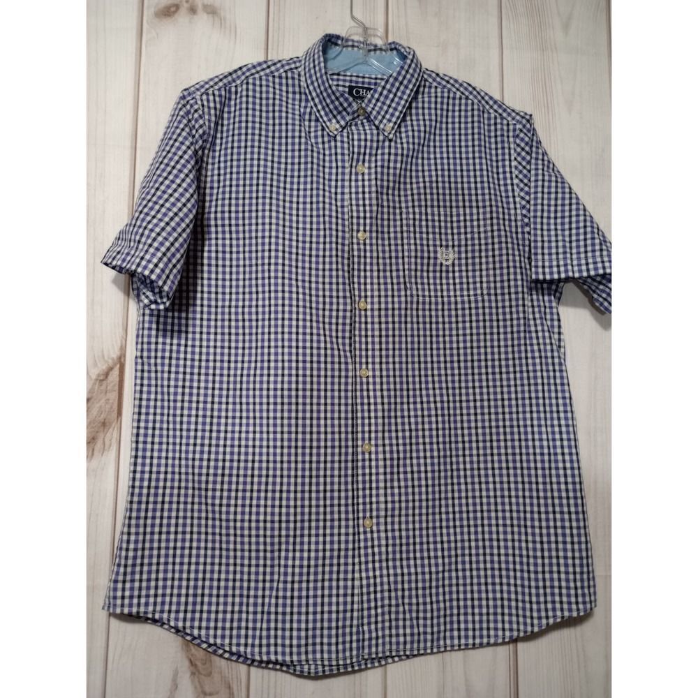 Chaps Mens Large Gingham Button Down Shirt Purple Blue Short Sleeve Easy Care